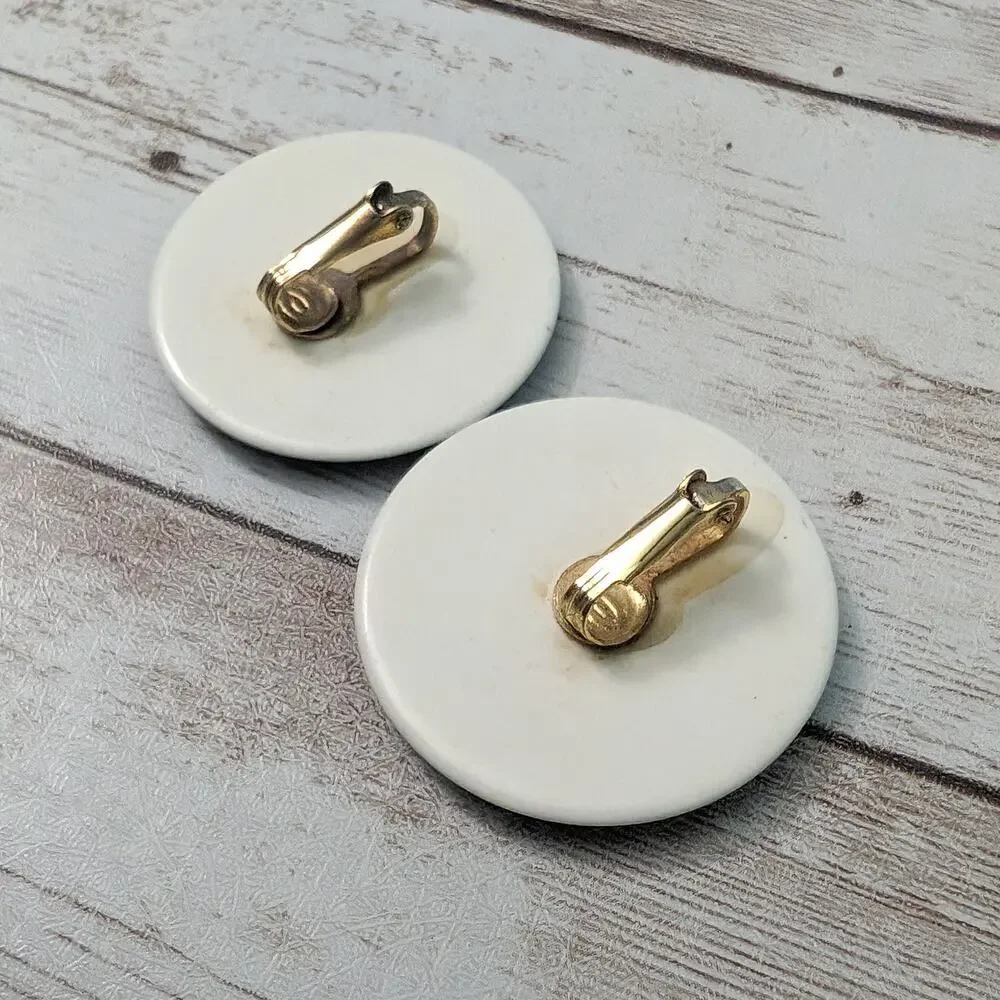 Vintage Clip On Earrings Large Cream & Blue Statement Circle